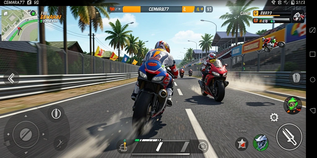 Gameplay CEMARA77 dengan balapan motor yang mendebarkan dan grafik menarik.