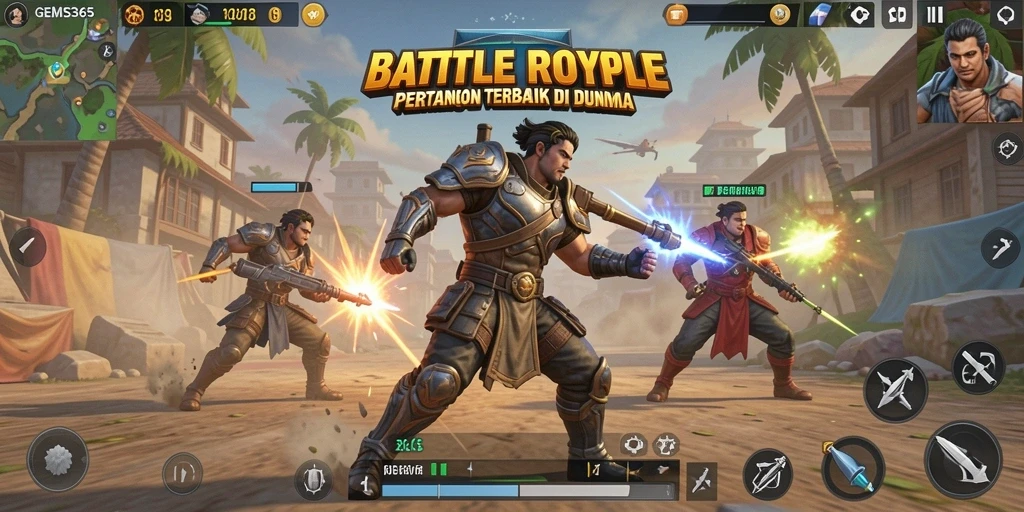 Tampilan seru pertempuran dalam GEMS365 menampilkan aksi Battle Royale yang mendebarkan.