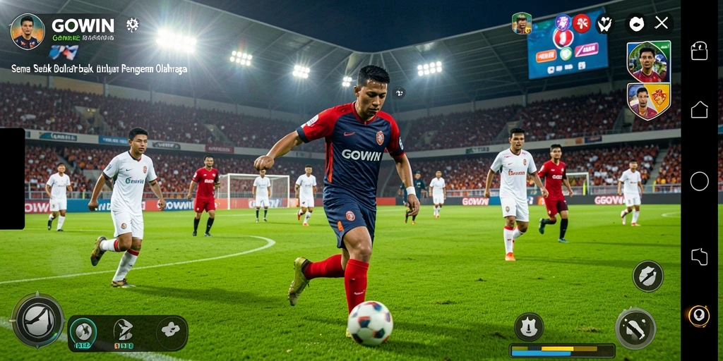 Screenshot GOWIN menampilkan aksi seru di lapangan sepak bola.
