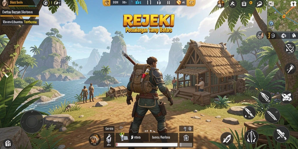Screenshot utama yang menunjukkan pemain menjelajahi dunia terbuka.