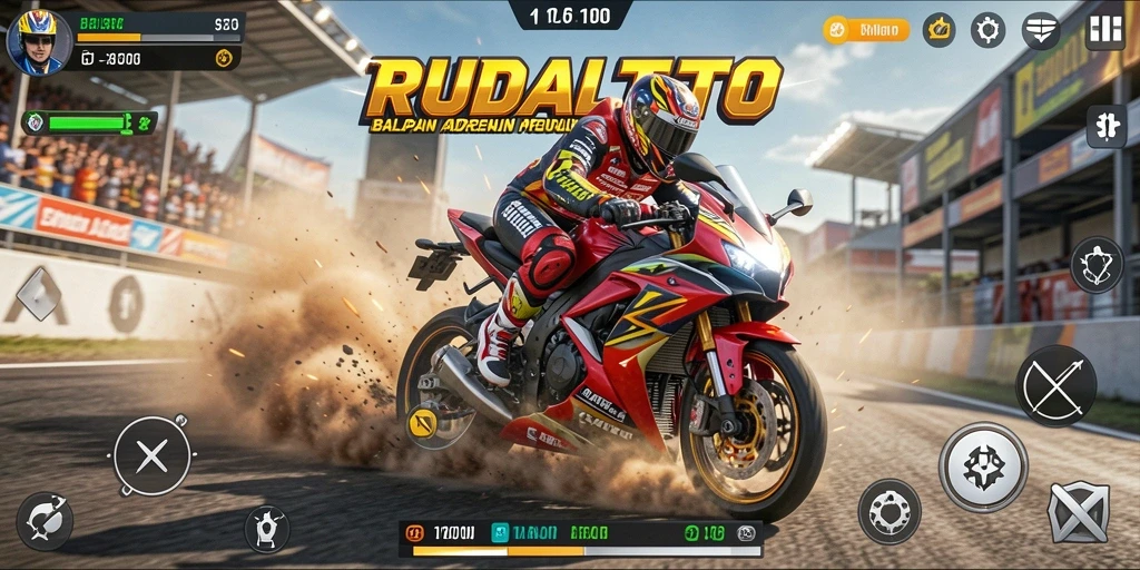 Screenshot gameplay RUDALTOTO menampilkan balapan motor yang mendebarkan.