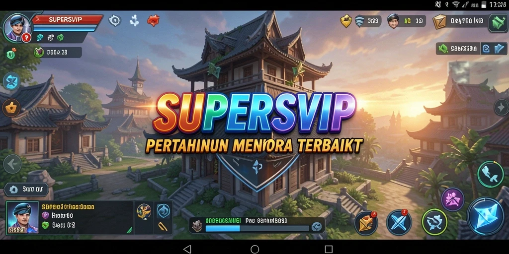 Screenshot utama menunjukkan aksi menara dalam SUPERSVIP saat melawan musuh.