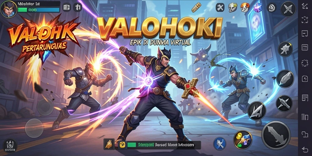 Tangkapan layar utama dari gameplay <strong>VALOHOKI</strong> yang menampilkan aksi pertarungan seru.